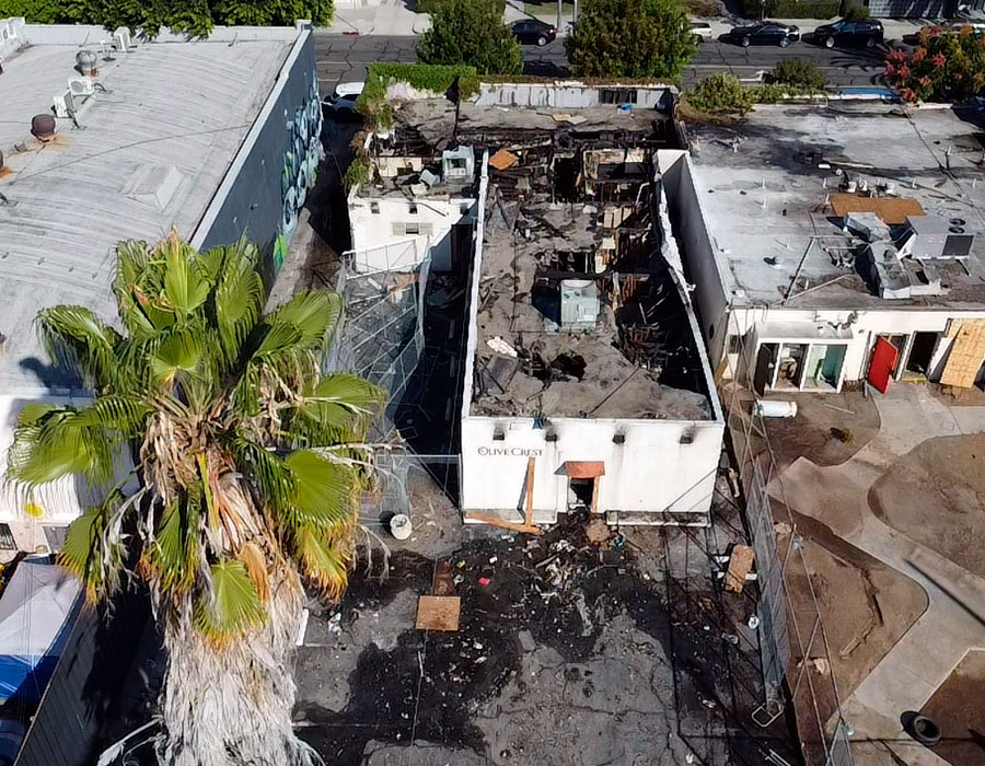 Dron view after a fire damage demolition